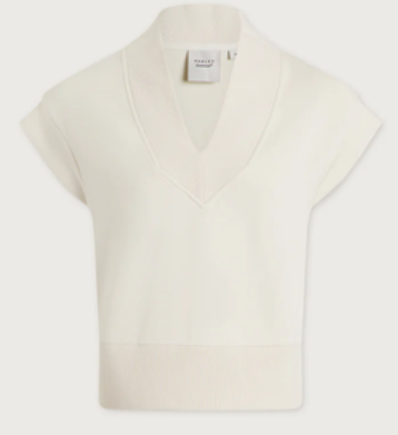An off-white knit sweater with a V-neckline and short cap sleeves, shown flat against a matching off-white background.
