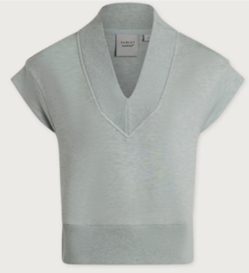 A light gray knit top with a wide V-neck collar and short cap sleeves, shown against a plain light background.