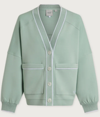 A sage green cardigan sweater with white contrast piping, ribbed trim, and white buttons, shown flat against a light gray background.