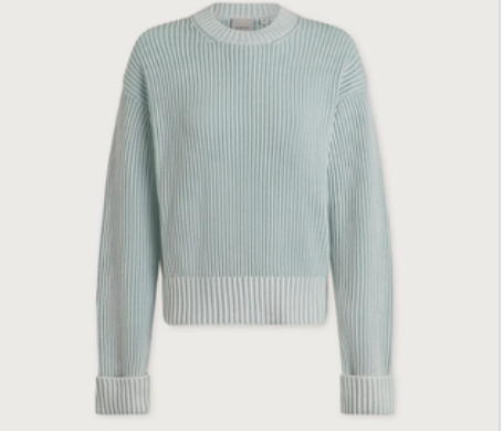 A light mint green ribbed knit sweater with a crew neck and long sleeves, shown against a plain off-white background.