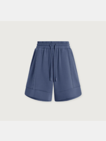 A pair of slate blue athletic shorts with an elastic waistband and drawstring, shown against a light gray background.