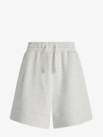 Light heather gray drawstring shorts with a relaxed fit and cuffed hems, shown against a plain white background.