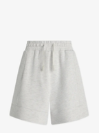 Light heather gray drawstring shorts with a relaxed fit and cuffed hems, shown against a plain white background.