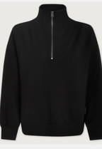 A black long-sleeve quarter-zip pullover sweater with a mock neck collar, shown against a light gray background.