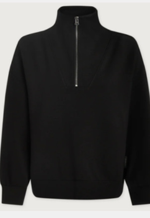 A black long-sleeve quarter-zip pullover sweater with a mock neck collar, shown against a light gray background.