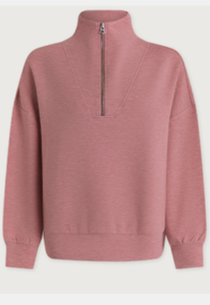 A dusty rose pink quarter-zip sweatshirt with a mock neck collar, shown against a plain off-white background.