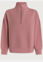 A dusty rose pink quarter-zip sweatshirt with a mock neck collar, shown against a plain off-white background.