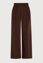 A pair of dark brown wide-leg trousers with a high-waisted, pleated front, shown against a light gray background.