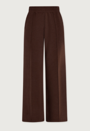 A pair of dark brown wide-leg trousers with a high-waisted, pleated front, shown against a light gray background.