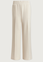 Cream-colored wide-leg cropped pants with an elastic waistband, shown against a light gray background.