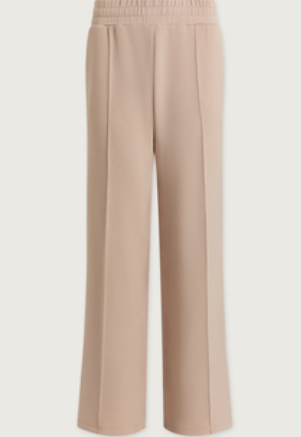 A pair of wide-leg trousers in a soft blush pink or dusty rose color, shown against a plain light gray background.