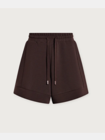 Dark brown high-waisted shorts with a drawstring waist, displayed on a light beige background.
