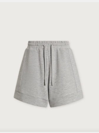 Light gray heathered sweatshirt shorts with an elastic waistband and drawstring, shown flat against a light gray background.