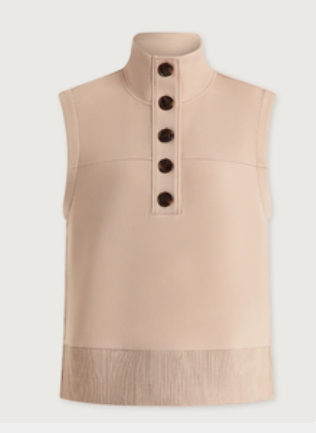 A sleeveless beige vest with a mock neck, featuring a vertical row of five dark brown buttons down the center front and a fringed hem, shown against a light off-white background.