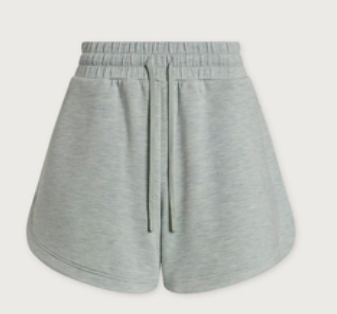 Light gray heathered sweat shorts with an elastic waistband and drawstring, shown against a light off-white background.