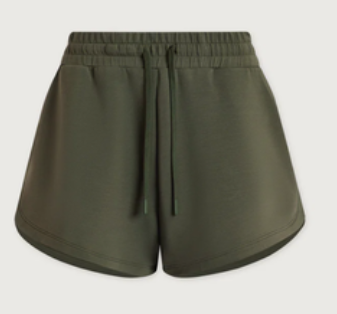 Olive green athletic shorts with an elastic waistband and drawstring, shown against a light gray background.