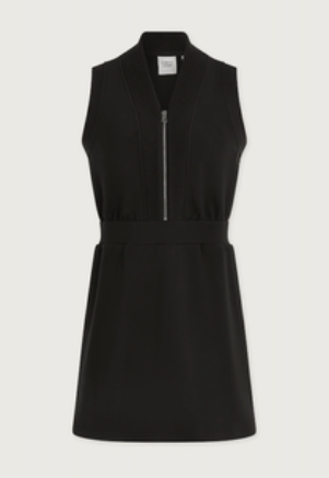A black sleeveless dress with a high stand collar, a front zipper, and a defined waist, shown against a light gray background.