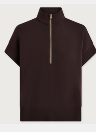 A dark brown short-sleeve quarter-zip pullover sweatshirt with a gold zipper accent, displayed on a light gray background.