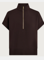 A dark brown short-sleeve quarter-zip pullover sweatshirt with a gold zipper accent, displayed on a light gray background.