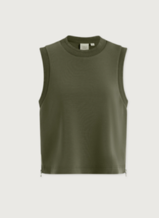 An olive green sleeveless cropped knit top with a crew neck, displayed flat against a light gray background.